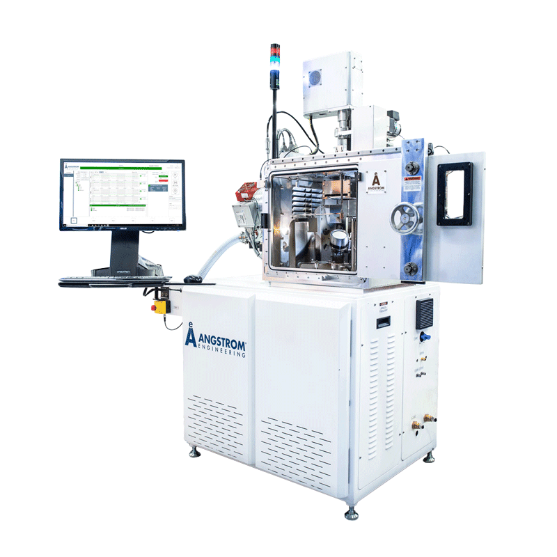 alt = The AMOD physical vapor deposition (PVD) platform from Angstrom Engineering, with a visible internal setup of high-tech components. The platform has an open upper chamber door showing process equipment. The Angstrom Engineering logo is prominently displayed on the front of the unit. To the left, there is a digital monitor and control panel displaying Aeres software. The design demonstrates effective and efficient PVD processes.